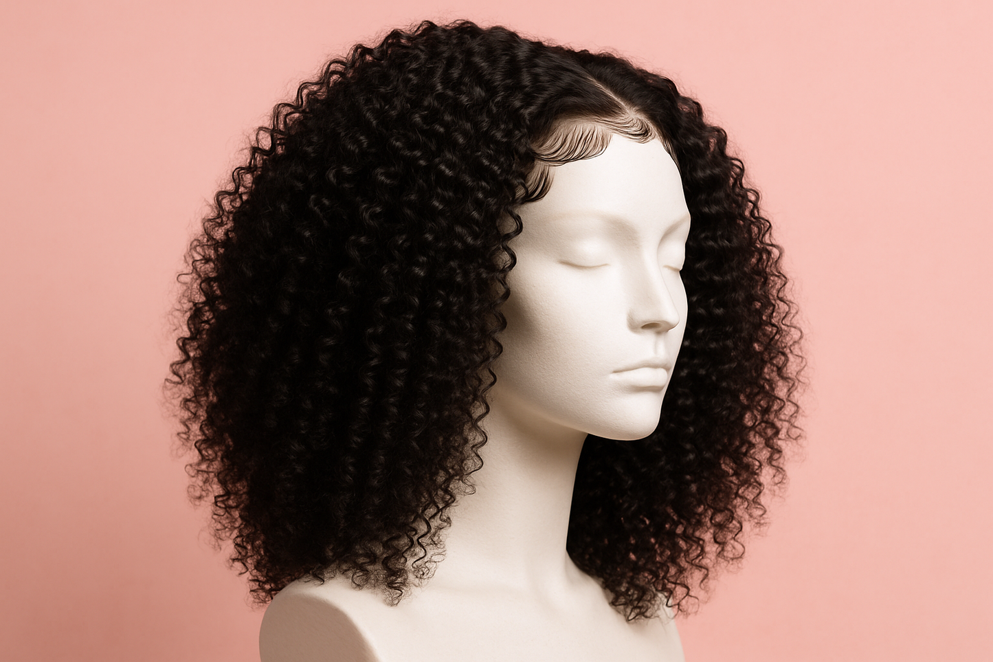 kinky curly wig on mannequin and nice edges and pink background