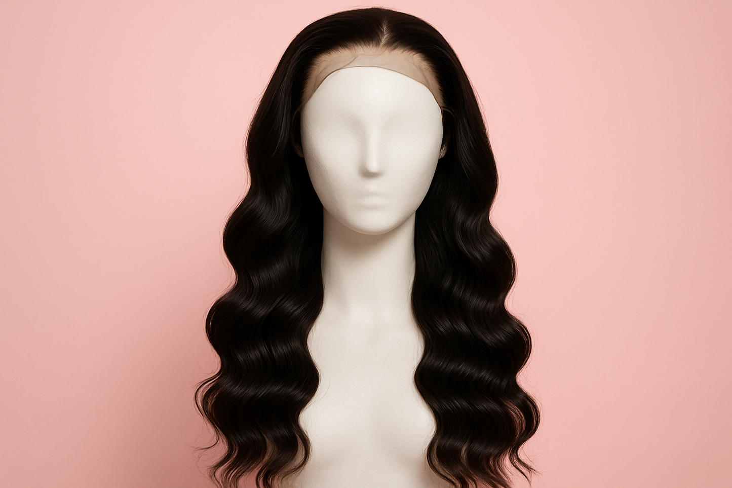 long body wave lace frontal wig on manichane with pink background