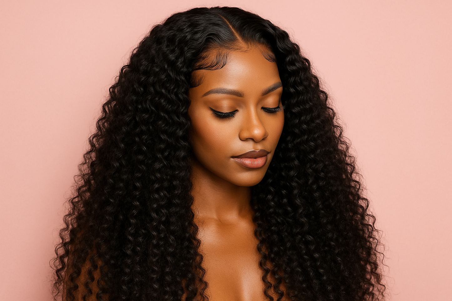 long kinky curly wig nice edges and pink background