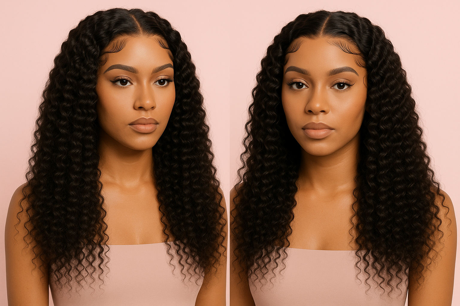 long kinky curly wigs with nice edges and pink background