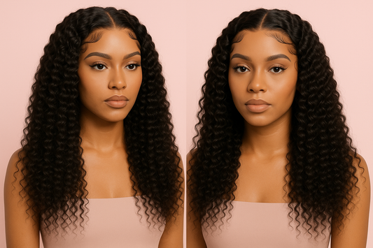 long kinky curly wigs with nice edges and pink background