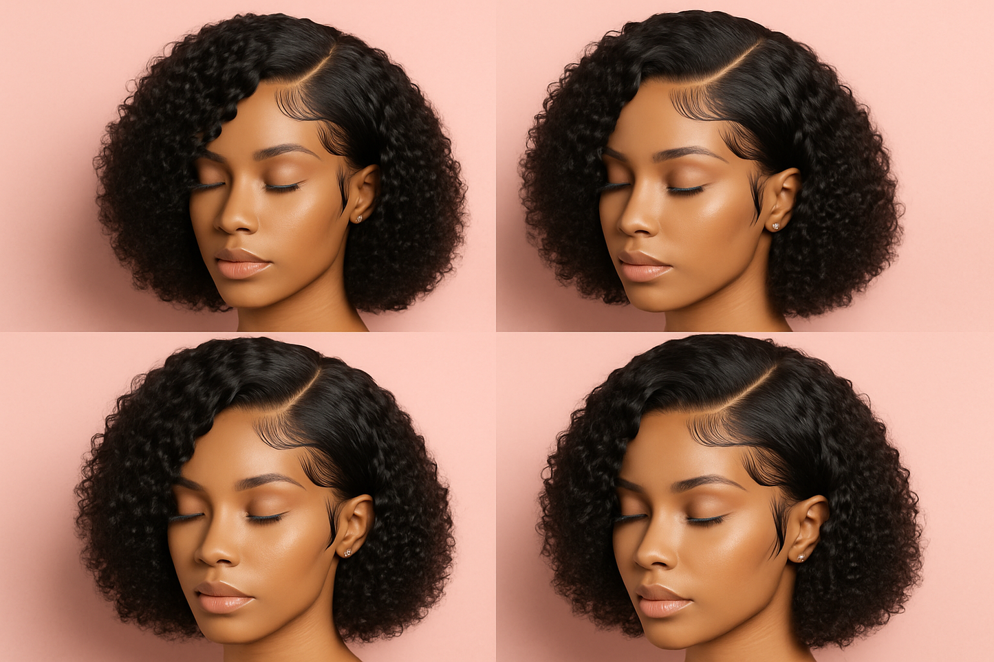 side part bob kinky curly wigs with nice edges and pink background