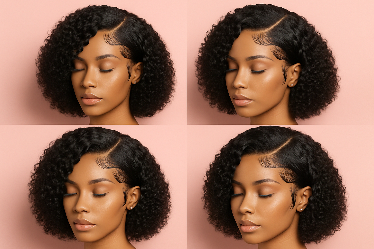 side part bob kinky curly wigs with nice edges and pink background