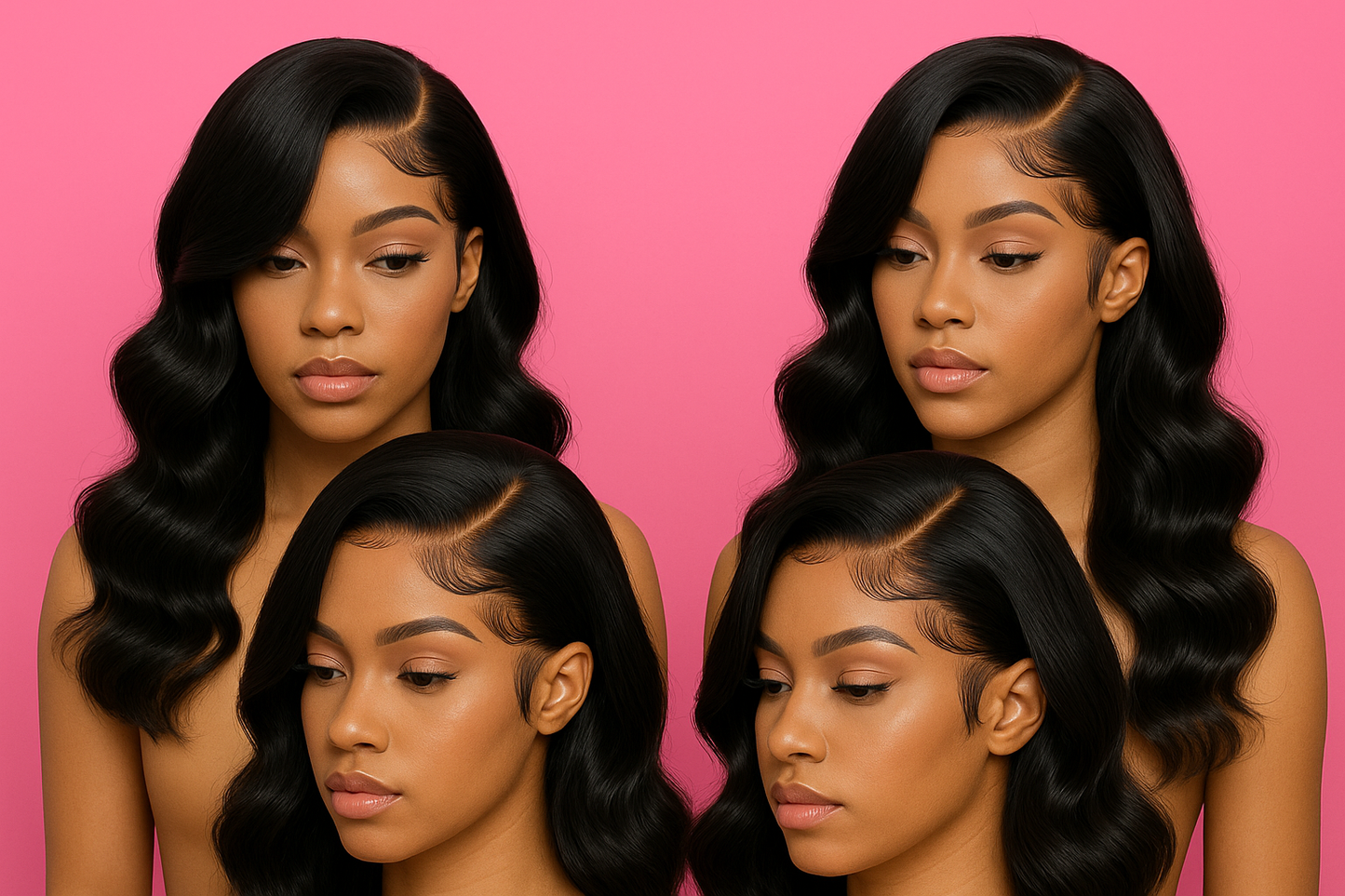 side part body wave wigs with nice edges and pink background